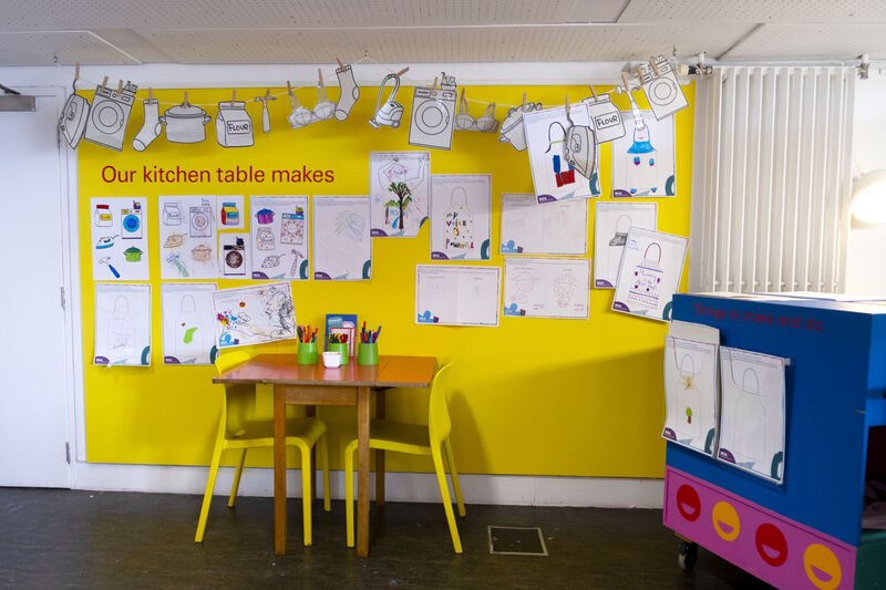 Wall of Create Space with our kitchen table makes