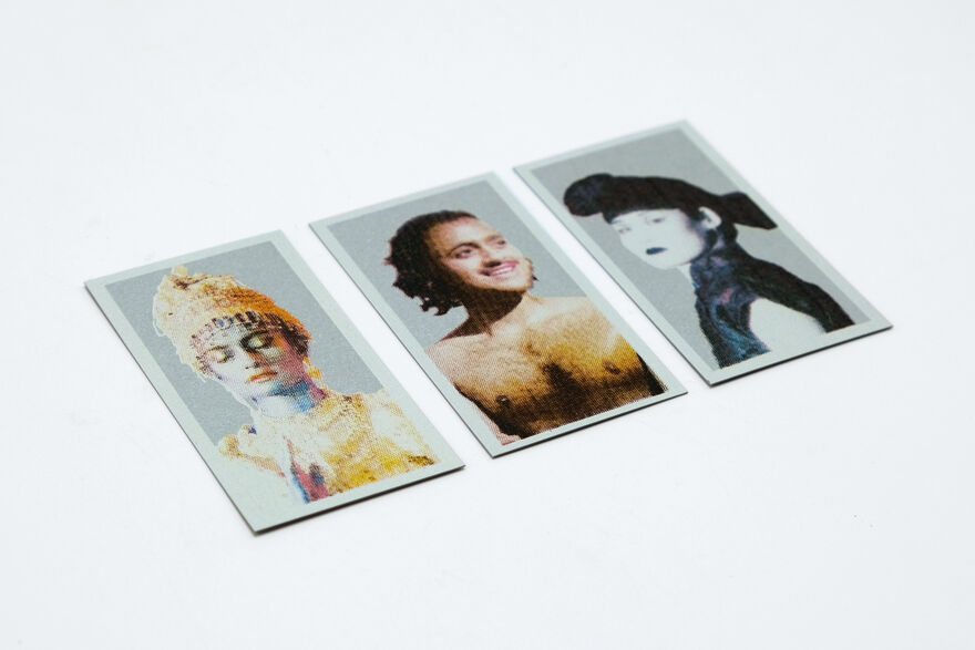 Three small prints of characters from Michelle Williams Gamaker's film Thieves Ephemera