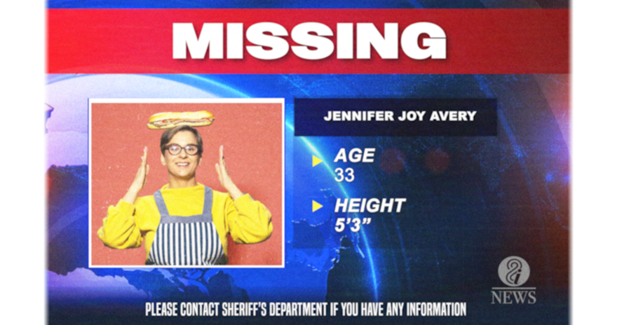 Screen showing a missing person: Jennifer Joy Avery, age 33, Height 5'3