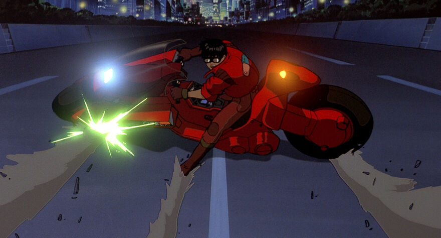 Anime still of a person dressed in red on a red motorbike 