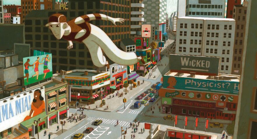 An animation still shows a young boy flying through a busy street in New York