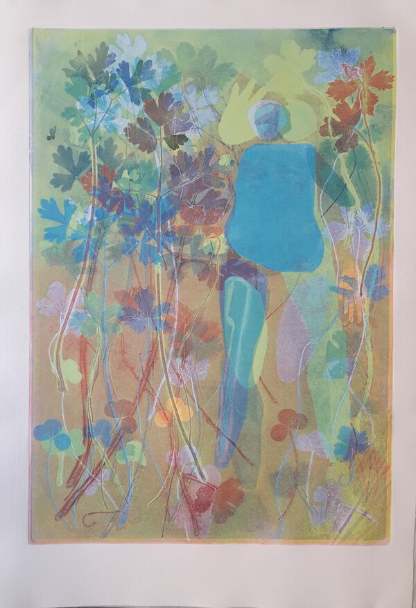 Monoprint of person walking along an overgrown path by Theresa Gourlay