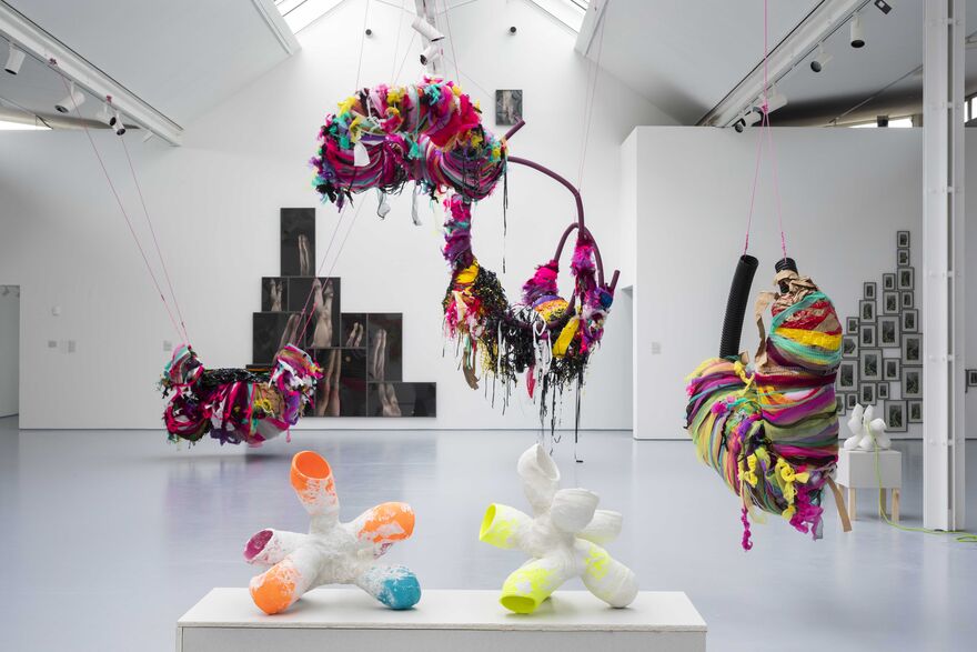 A gallery space with sculptures with casts large suspended scupltures and visible in the background photos on the wall