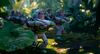 Multiple astronaut toys are moving forward towards us through a leafy jungle scene. Buzz Lightyear is the astronaut toy.