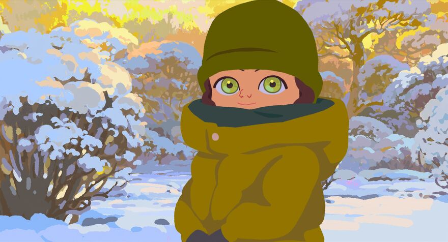 An animated film still shows a little girl with green eyes standing outside in the snow, wearing a hat and coat