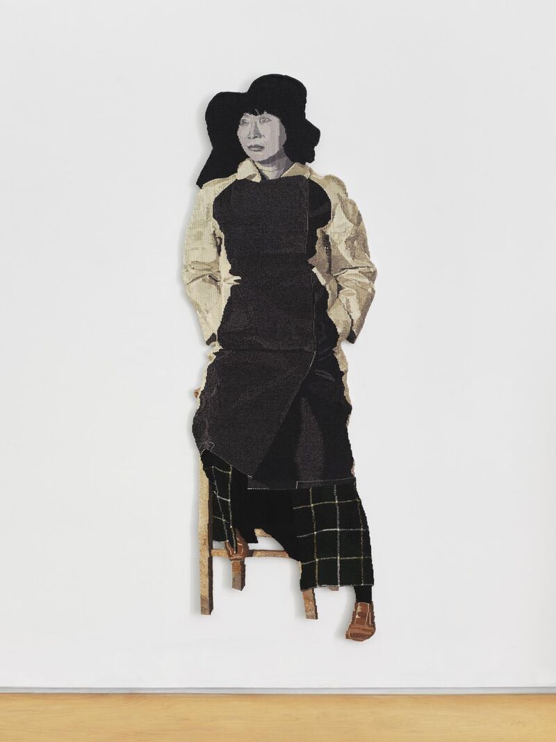 a tapestry of a women wearing a black dress over a white shirt and a black hat
