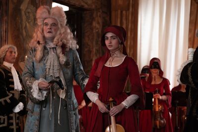 Musicians in period costume and wigs in a scene from Primavera