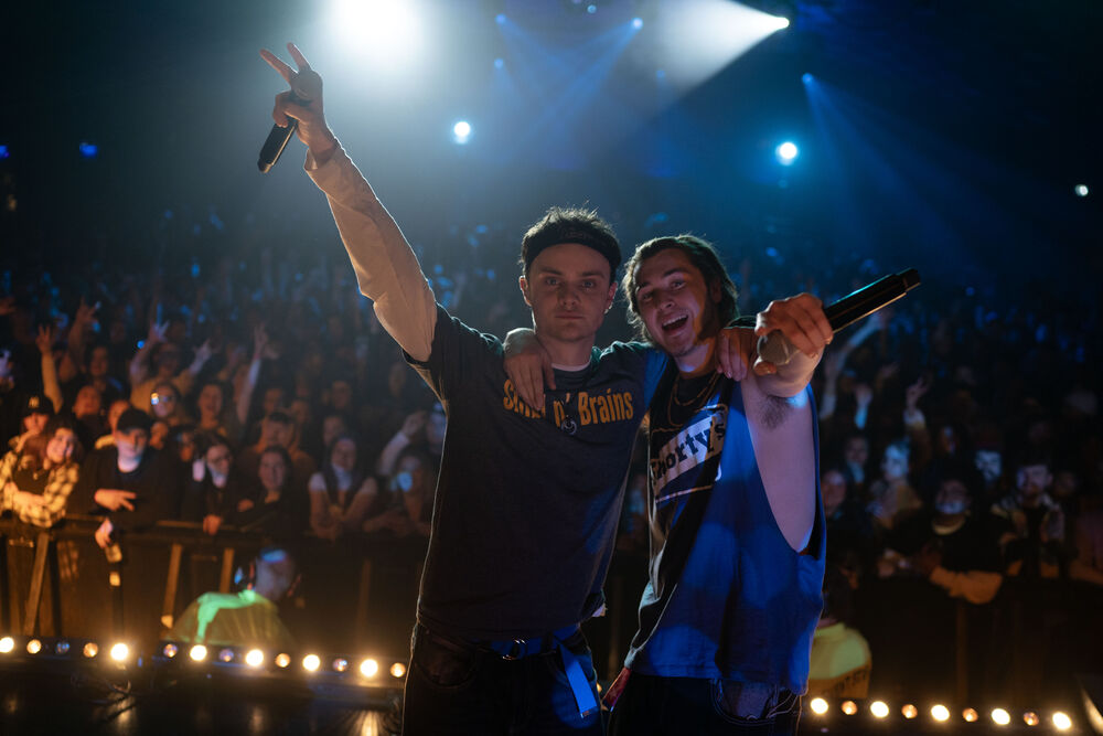 Rappers Silibil n Brains on stage in a scene from California Schemin