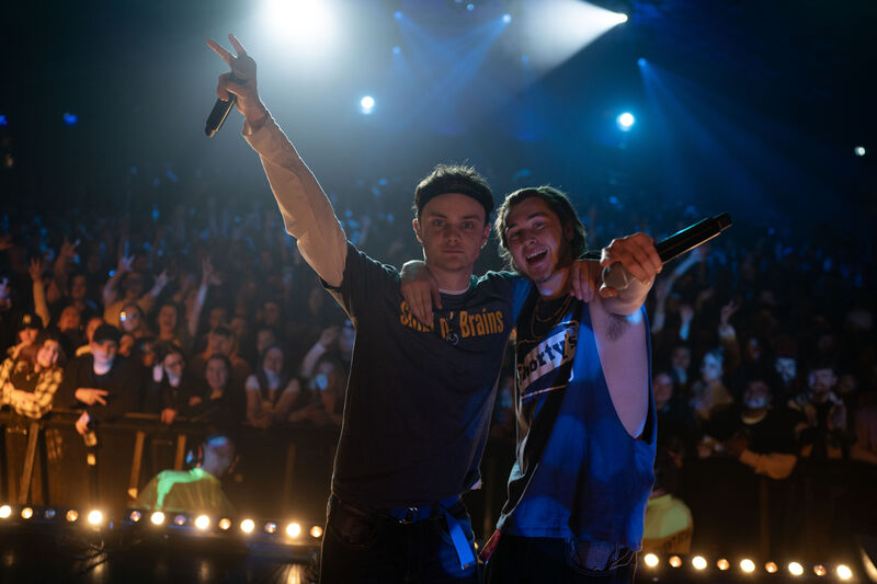 Rappers Silibil n Brains on stage in a scene from California Schemin