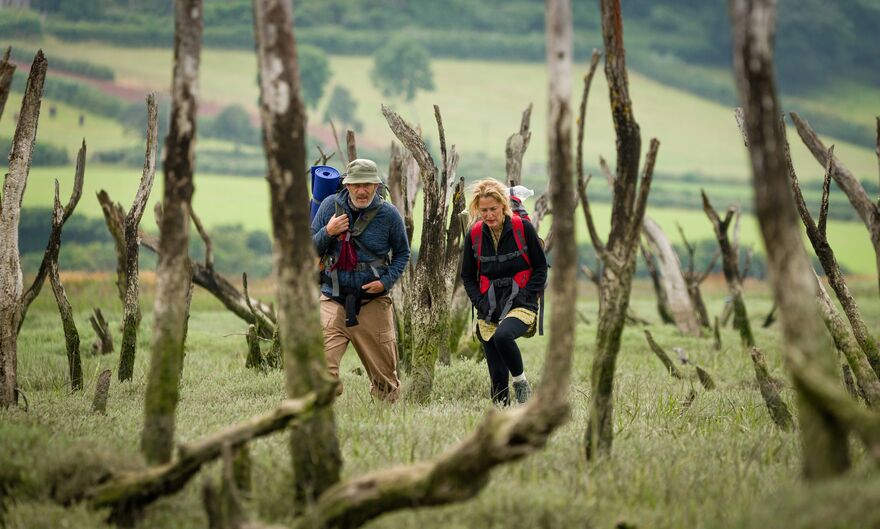 A middle-aged man and woman wearing camping gear hike through a field full of dead trees.