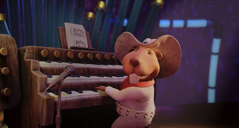 An animated gopher dressed like Elvis plays the piano.