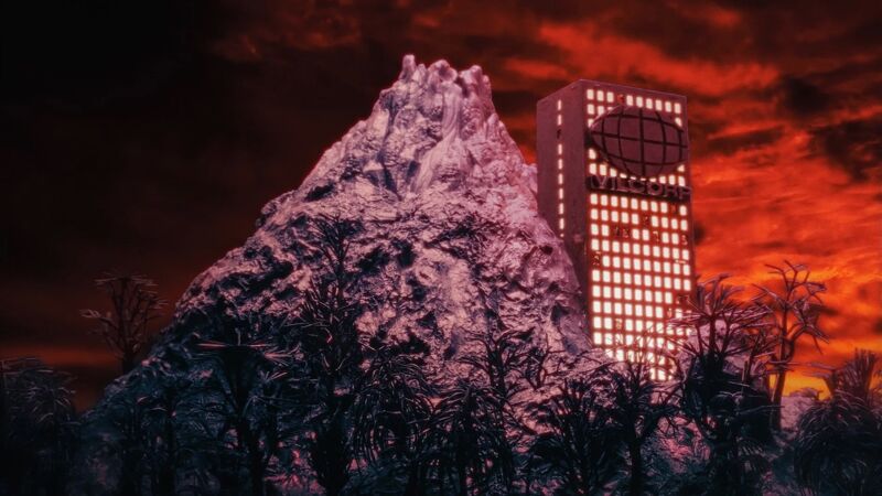 a mountain and a building set against a fierce red sky - they look as though they are made out of clay
