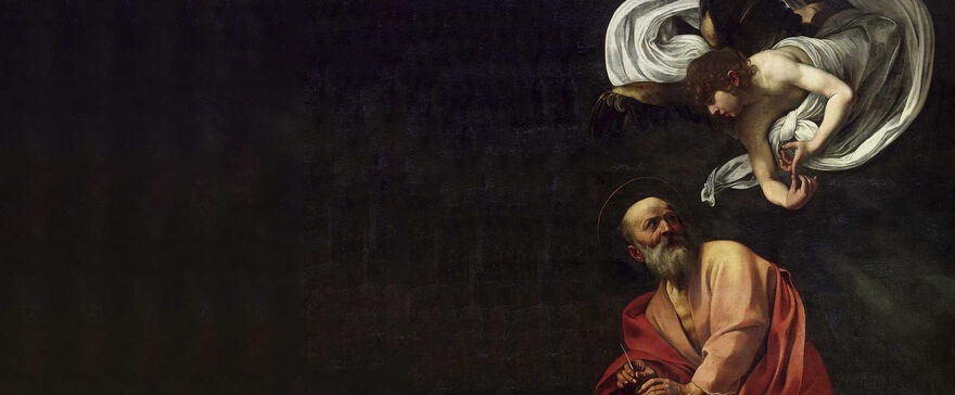 An angel speaks to a saint in an oil painting by Caravaggio