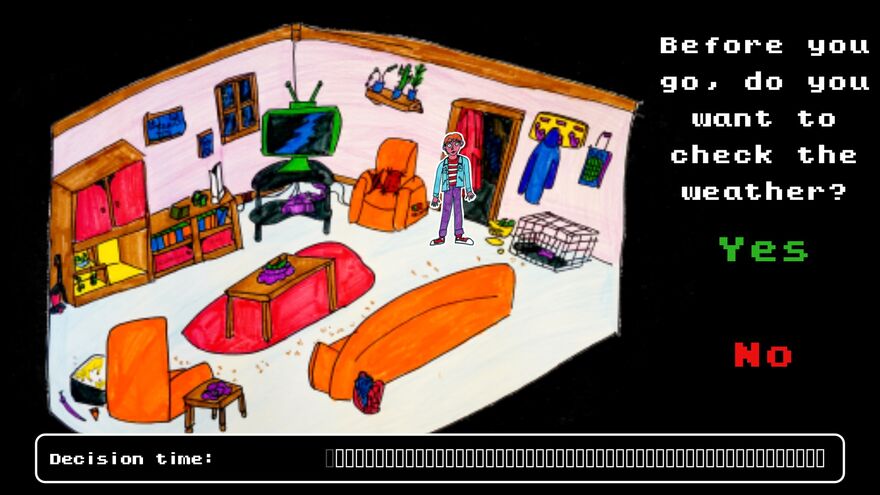 Hand drawn video game screen reads 'Before you go, do you want to check the weather'