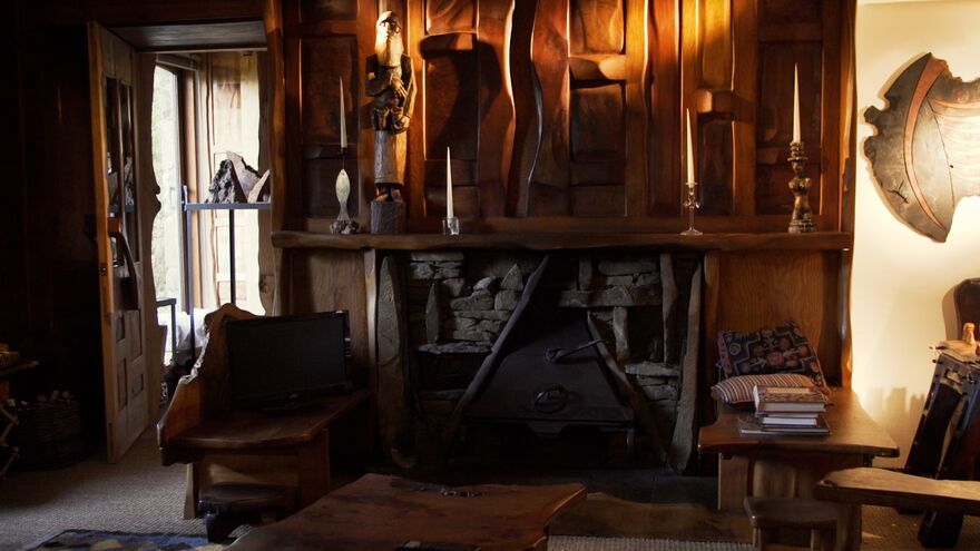 A beautiful handcarved wooden fireplace
