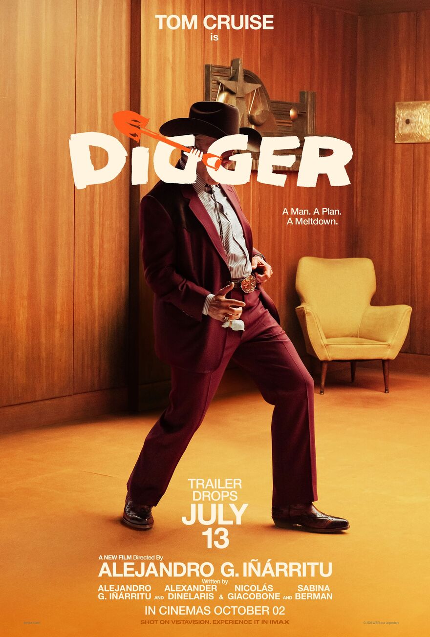 Tom Cruise face covered with the movie title doing a finer gun pose and holding belt look with left hand