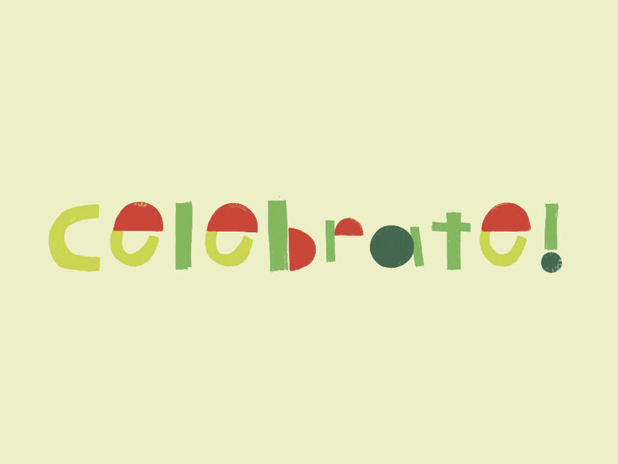 colourful text reading 'celebrate!'