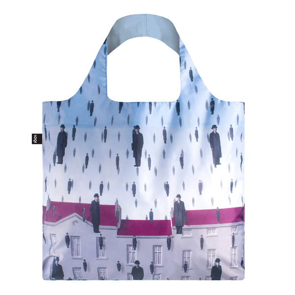 Fabric shopper with artwork on it showing business men falling from the sky on a street of houses