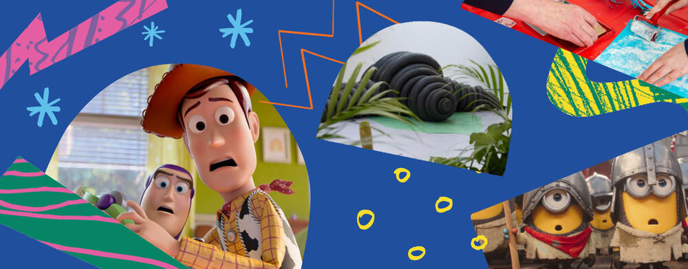 Kids tickets £5 at DCA This summer with images of Toy Story 5 characters, ink pots and giant sculpture in DCA Galleries