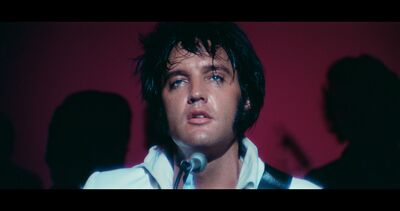 A close-up on Elvis's face as he performs on stage