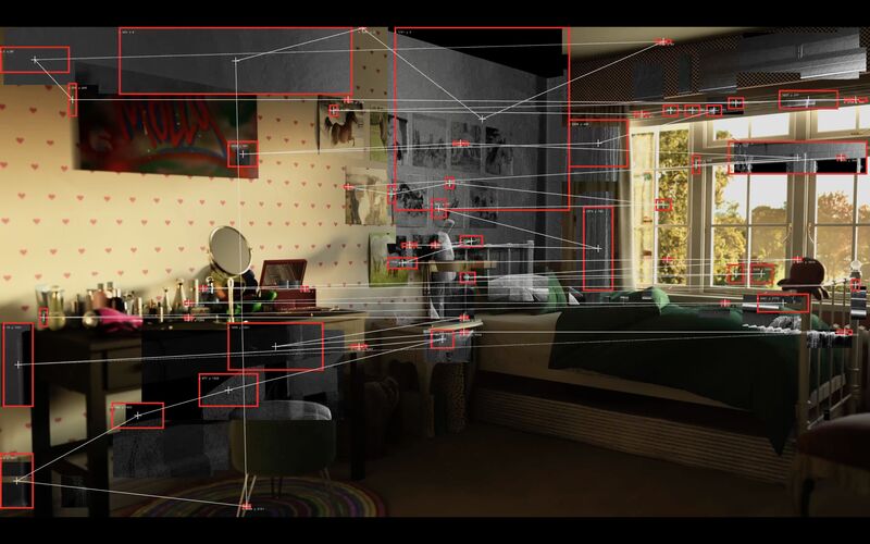 A child's bedroom can be seen with red diagrams drawn over it