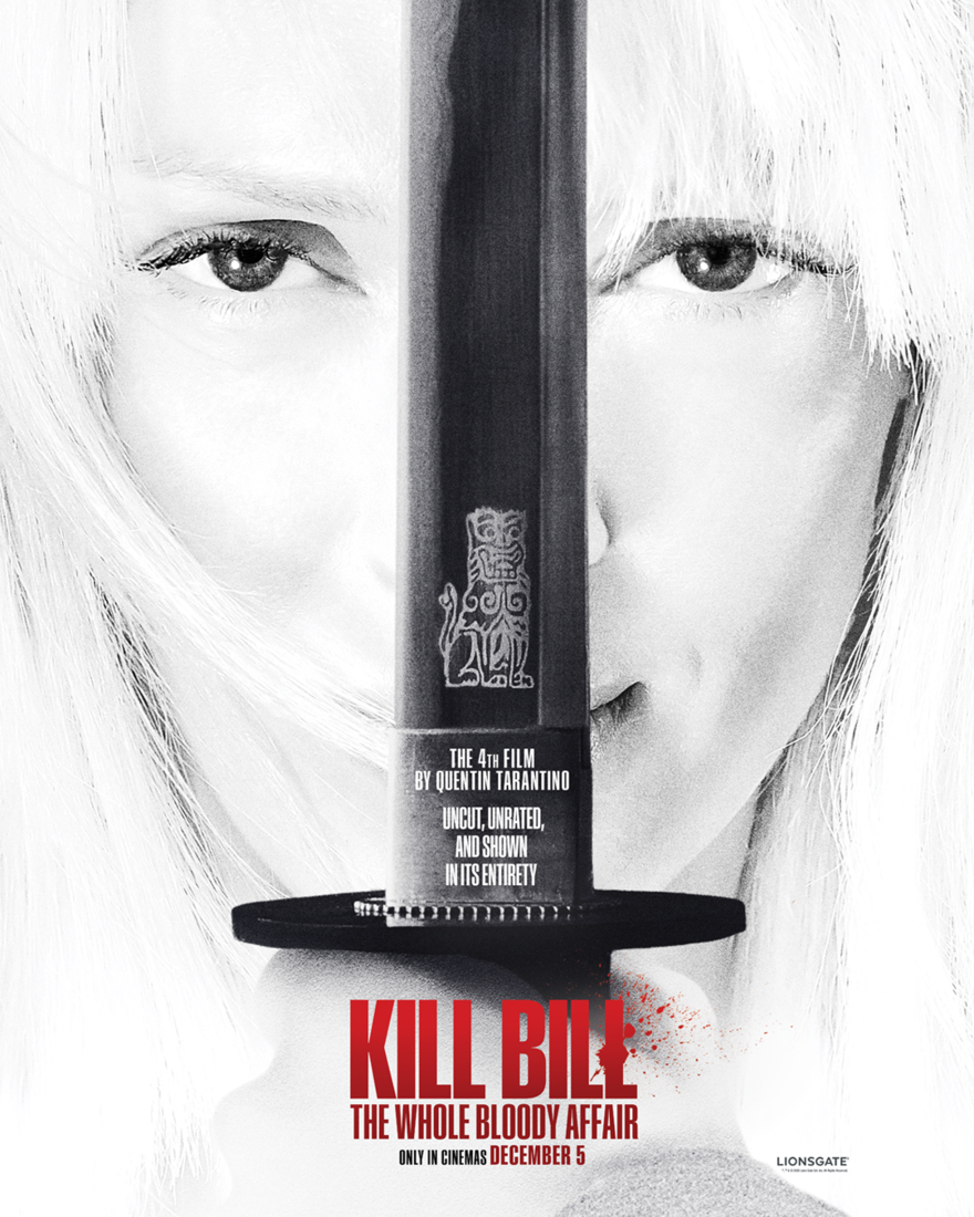 The poster for Kill Bill shows a woman with blonde hair holding a sword