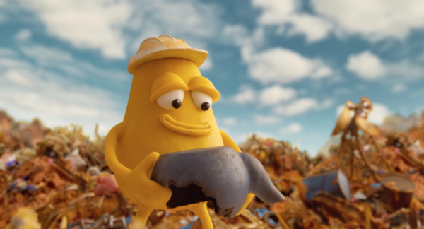 A cute yellow alien holds a teapot. 