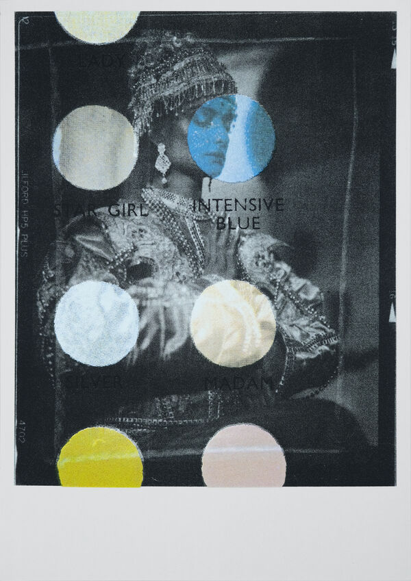 Screenprint showing a photograph of The Silver Maiden by Ellen Jane Rogers with overlays of a 1930s ‘Leichner’ brand make-up palette.