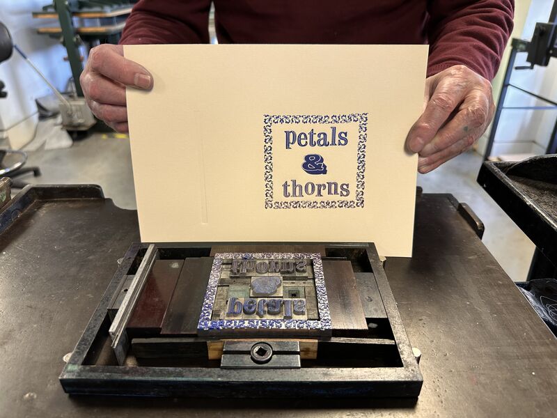 Petal and thorns print made using letterpress
