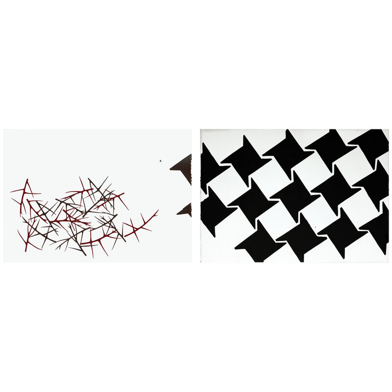 A print of two canvas's with black and red on one and a black houndstooth pattern on the other