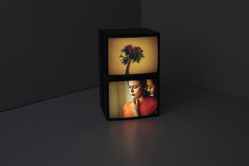 From Margaret Salmon's exhibition 'Hole', two televisions stacked on top of each other. The top television shows a red flower, the bottom flower shows two people. One is whispering in the other's ear.