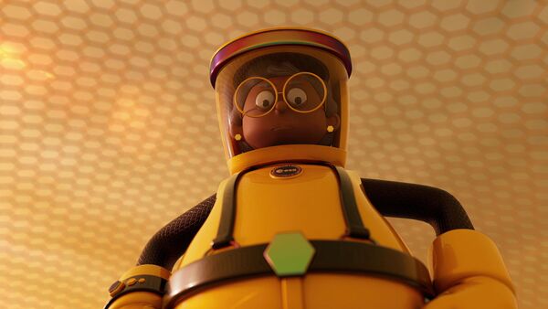 Animated still of a beekeeper in a yellow beekeeping suit.