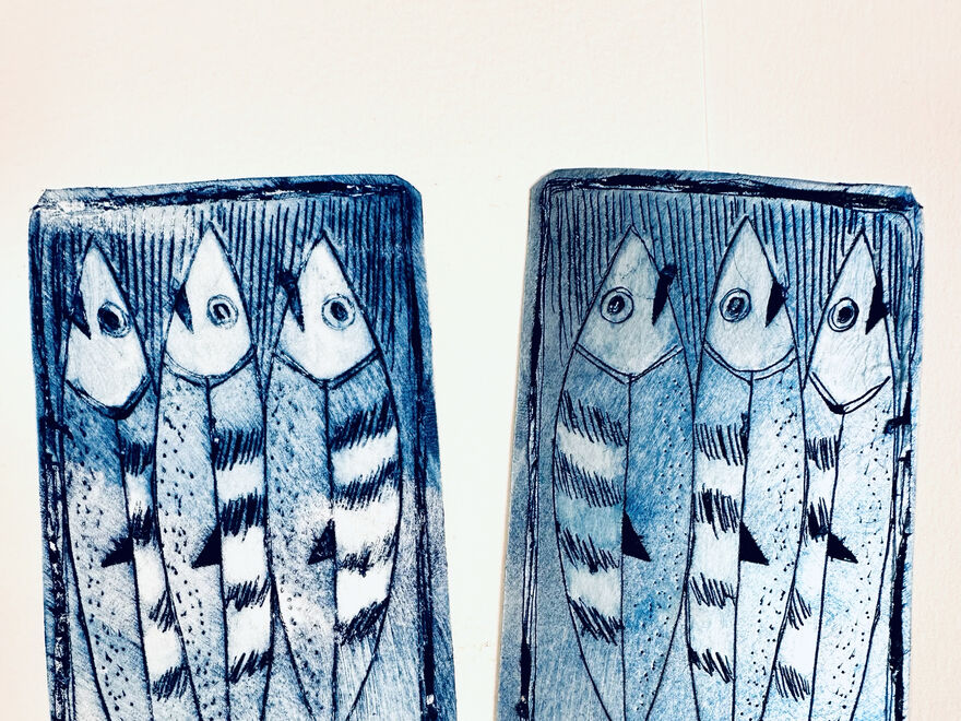 Tetra Pak print of sardines in blue ink