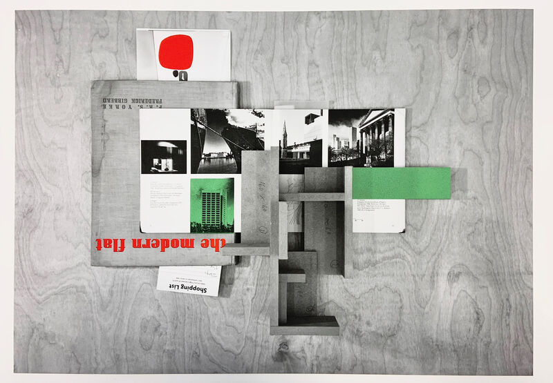 A print with a grey background and various red and green images on it