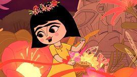 A colourful animated image full of pinks and oranges with a young Frida Kahlo character in the centre