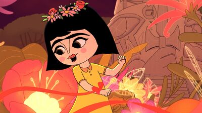 A colourful animated image full of pinks and oranges with a young Frida Kahlo character in the centre