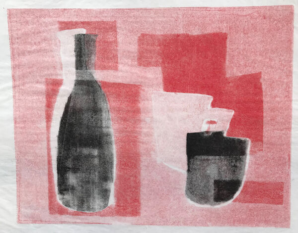 Print of two black bottles against red background