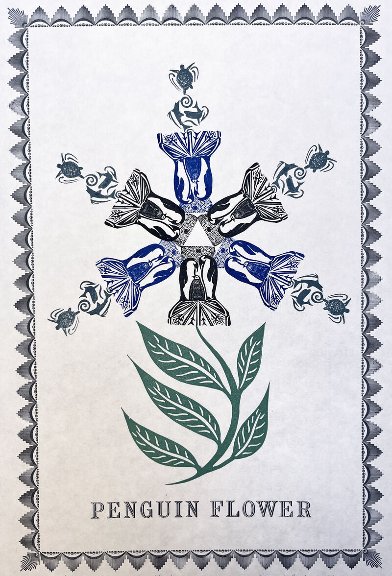 Penguin flower printed page design made using wood cuts and letterpress
