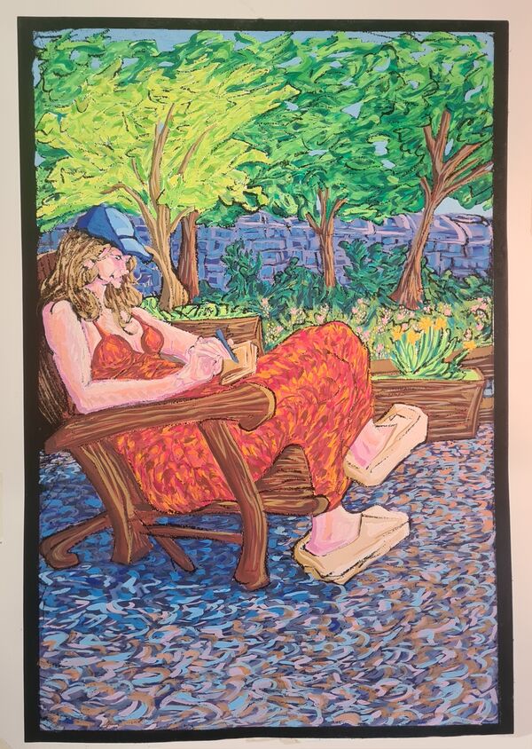 Print of a woman sitting outside on a chair and sketching in the sun