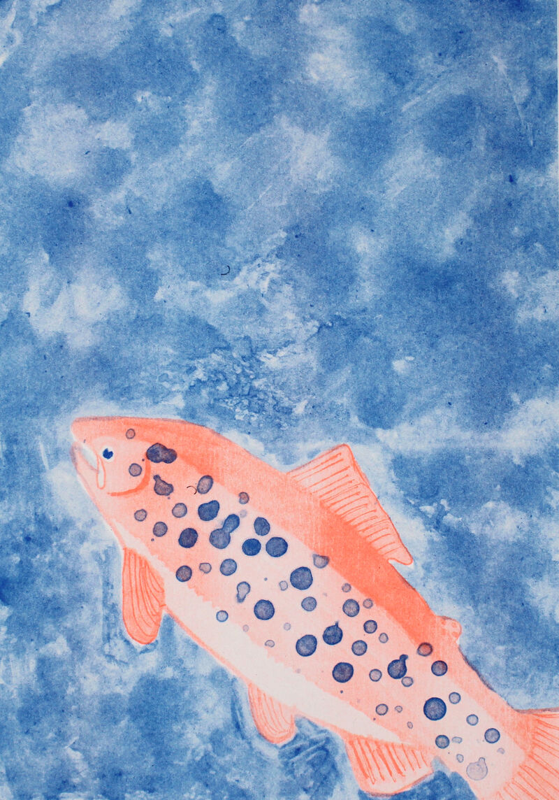 Riso print of an orange fish with blue spots swiming in blue water