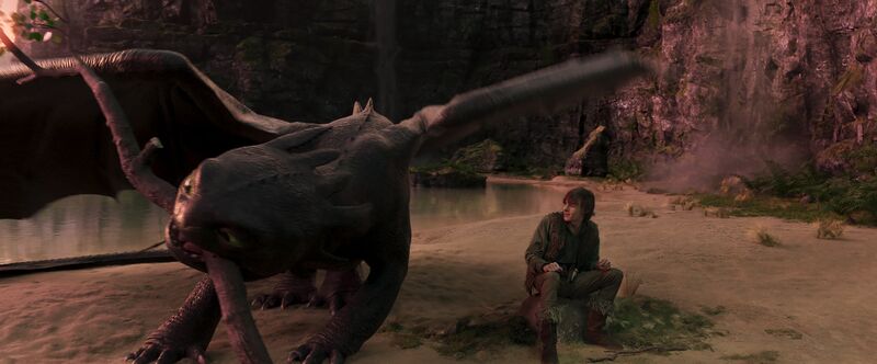 A boy watches a dragon chewing on a big stick.