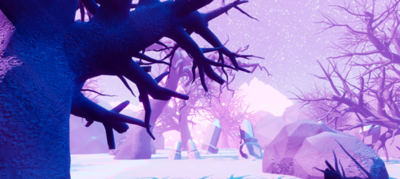 A computer-drawn image shows purple-hued trees and snow against a purple sky.