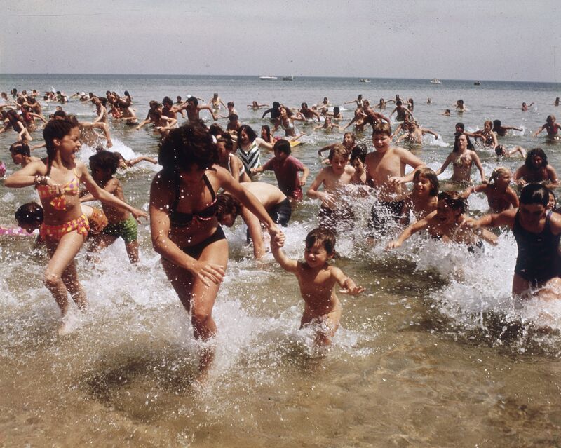 Terrified swimmers run from the ocean onto a sandy beach. 