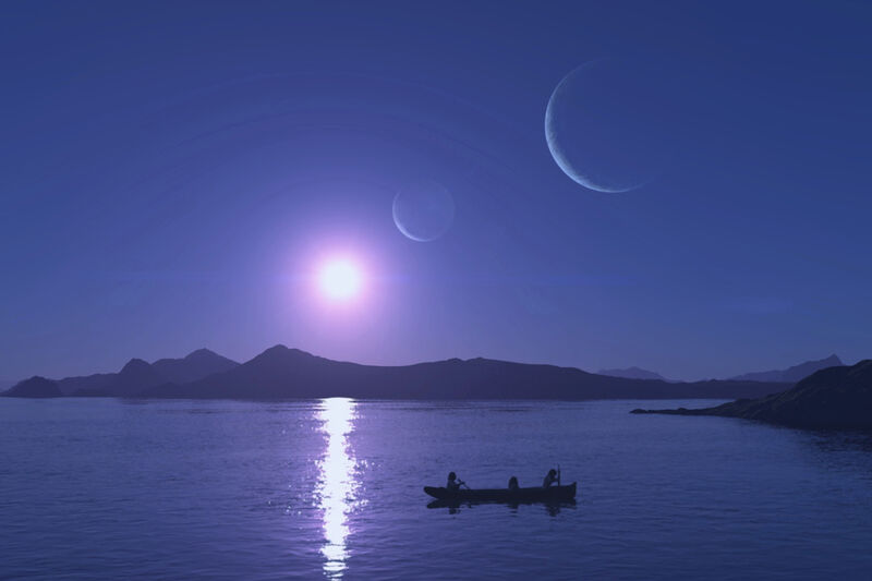 People row a canoe on a lake at night time. Two moons can be seen in the sky. 