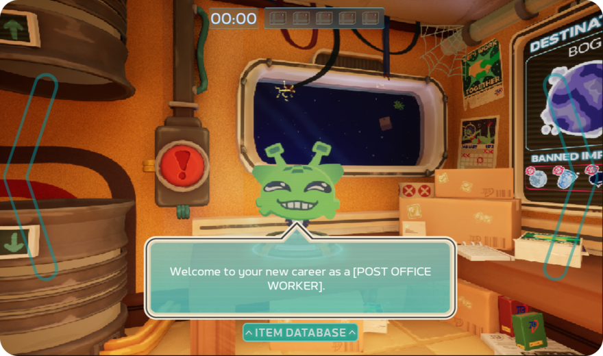 An alien cheerily greets you on your first day as a galactic postal service worker