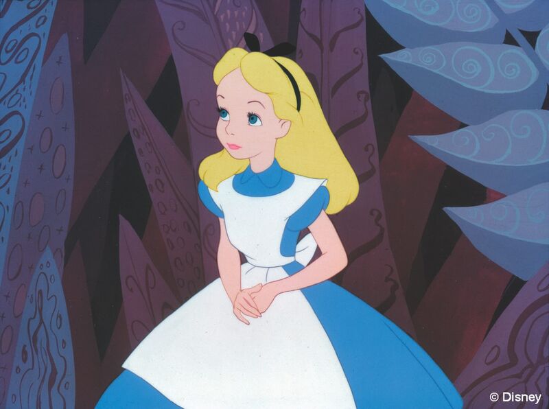 An animated film still shows Alice, a little girl with blonde hair and blue dress, standing in a forest.
