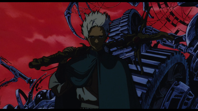 Anime still of a man in darkness against a red sky