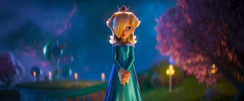 A still from the animated film The Super Mario Galaxy Movie shows Rosalina wearing a blue dress