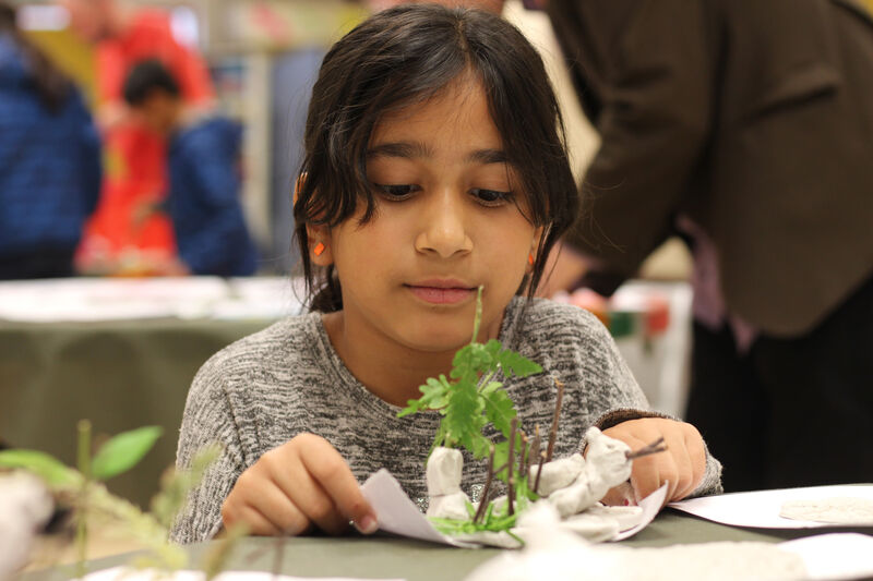Child looking at a sculpture they made from clay, leaves and branches