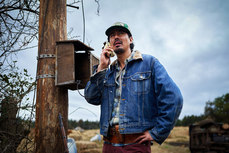 A man talks on the telephone attached to a power line in the countryside